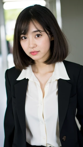 Pure girl, OL, Purely Japanese characteristics, A little plump, light makeup, , Natural and realistic eyes, office, Black business suit, White skip-collar blouse, Beige pantyhose, Black pumps、Sweating