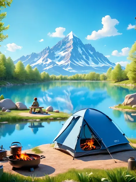 (1 boy:1.3)，trip，the real situation，(tented campsite:1.5)，spring outing，lake，natural scenery，barbecue，blue sky natural backgroun...