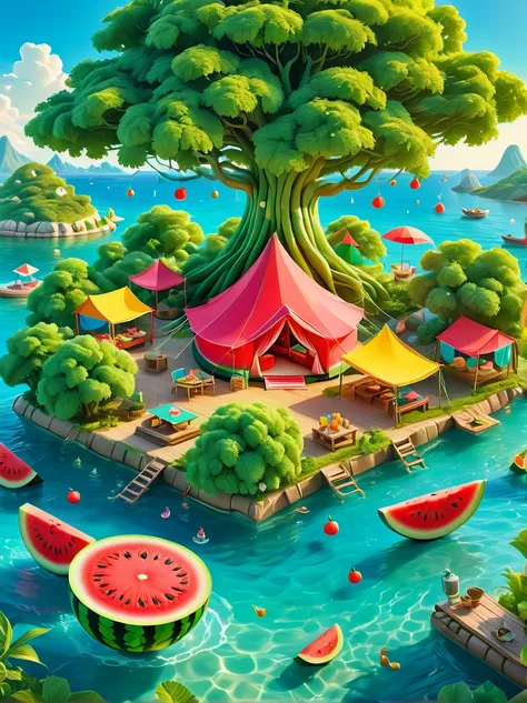 3d illustration of a watermelon tent floating on the sea，3d miniature scene，summer，island，campsites and tents，under the big tree...