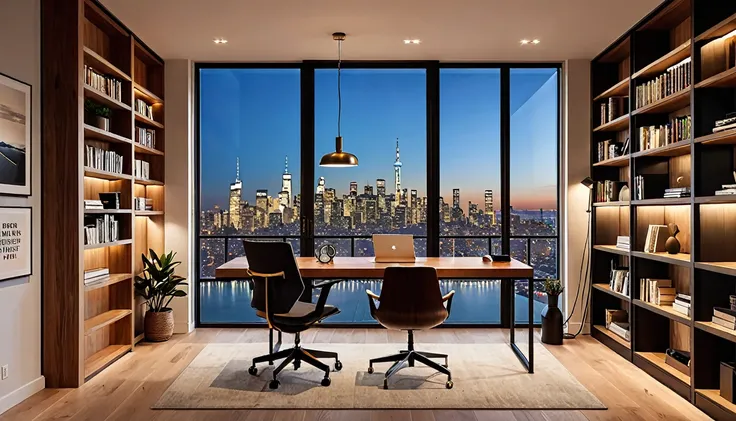 A modern, well-lit home office with a minimalist design. The back wall features a large window with a view of a cityscape, bringing in natural light. To the left, there is a sleek wooden door with a glass panel. The right side of the room has a stylish boo...