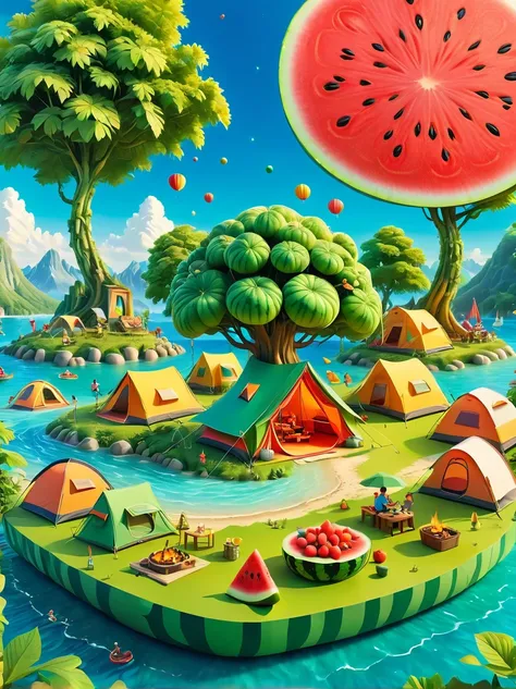 3d miniature scene，summer，island，(campsites and tents:1.5)，under the big tree，neatly arranged goods，children eating watermelon，h...