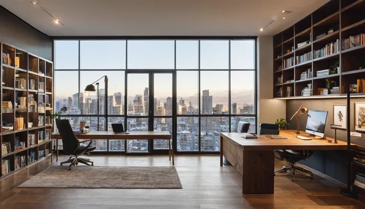 A modern, well-lit home office with a minimalist design. The back wall features a large window with a view of a cityscape, bringing in natural light. To the left, there is a sleek wooden door with a glass panel. The right side of the room has a stylish boo...