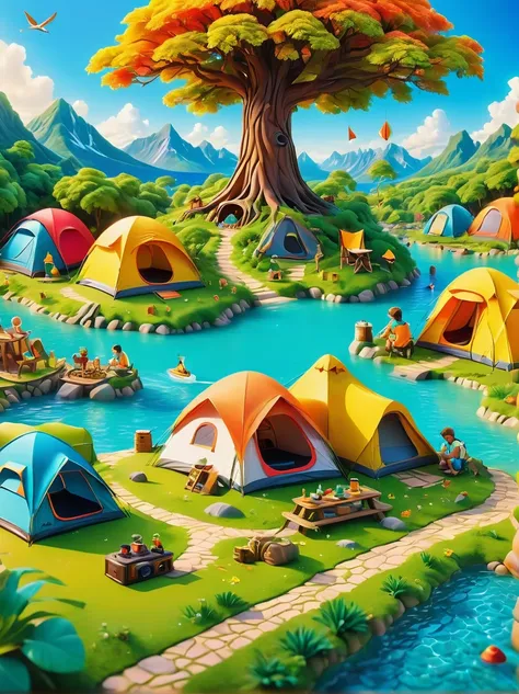 3d miniature scene，summer，island，(campsites and tents:1.5)，under the big tree，neatly arranged goods，the child is playing，happy，v...