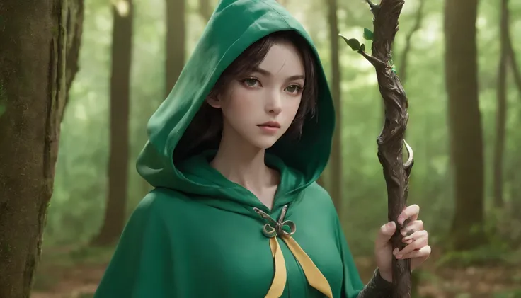 Ryu, Elbow hand pockets, Green Cape, Hooded cloak, Forest Background, Bokeh, Medium Shot, Very detailed, beautiful, masterpiece, Perfect Anatomy, [[Award-winning photography, Macro Photography Vivid Colors]], Atmospheric, Majestic, High resolution, That&#3...