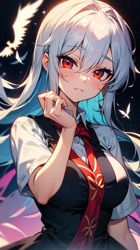 Highest quality　I have long hair　Gray Hair　Sagume Rare God　Feathered 　Red eyes　I dont have anything　vampire　Odd Eye　kind　Miko costume　Cat ear　Gensokyo
