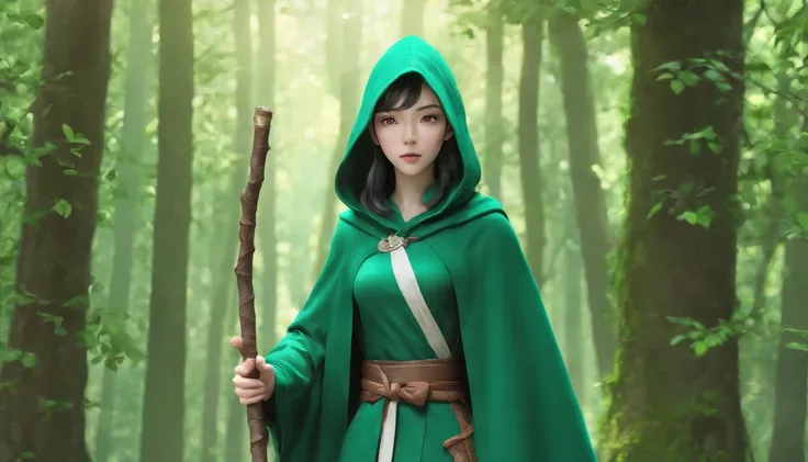 Ryu, Elbow hand pockets, Green Cape, Hooded cloak, Forest Background, Bokeh, Medium Shot, Very detailed, beautiful, masterpiece, Perfect Anatomy, [[Award-winning photography, Macro Photography Vivid Colors]], Atmospheric, Majestic, High resolution, That&#3...