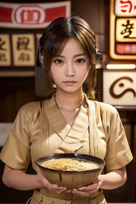 (((ramen shop with a line , ramen shop owner, a large bowl of noodles with roast pork))), (ultra realistic, high resolution), (h...