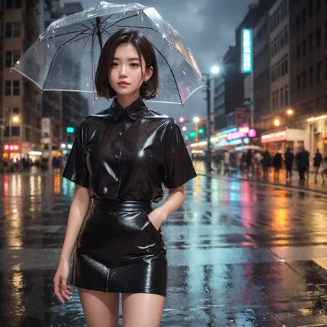 woman、(((one person)))、cute、16 years old、Brown Hair、Short Bob、Wet Hair、Touching your hair、rain、D cup bust、blouse、mini skirt、Wet clothes、Transparent skin、rain、Water Drop、Cloudy、rain雲、Street Corner、Building district、skyscraper、night、night景、Neon Street、cowboy...