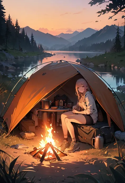 (highest quality,4K,8k,High resolution,masterpiece:1.2),Super detailed,Outdoor Camping, highest quality, 9pm, Outdoor Camping,It looks like it&#39;s going to rain、There&#39;s thunder in the distant sky