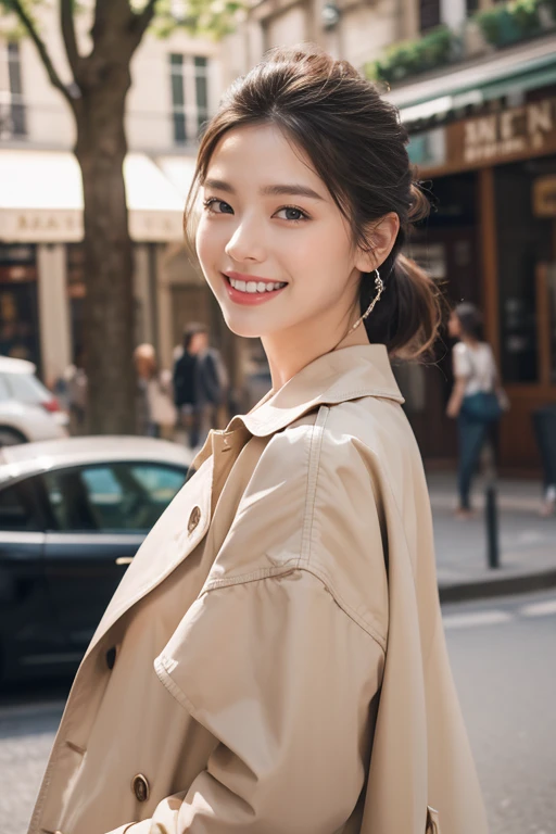 highest quality、4K、Perfect Face、Perfect Style、Sunburn、beautiful、stylish appeal、Mature、Chignon Hair、Swept-back hair、in paris 、full body, giddy smile、flower、hoop pierce、trench coat