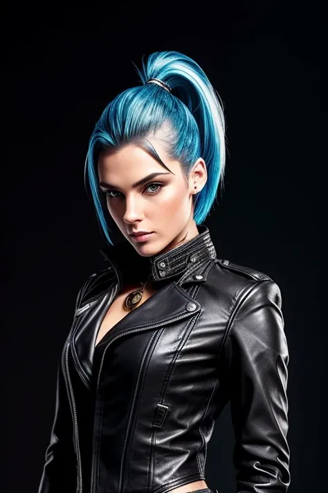 Gorgeous european steampunk woman with very short straight hair in a high ponytail, wet hair, hair slicked back, combed straight back, slick hair, blonde to blue gradient hair, wearing a leather jacket with nothing underneath and mini skirt, solid dark bla...