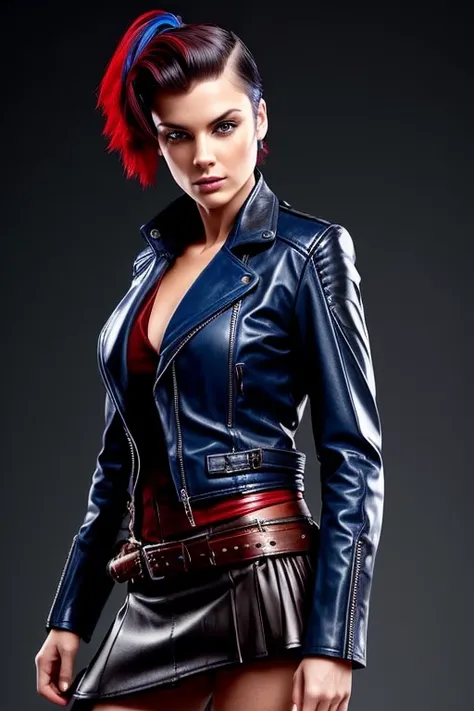 Gorgeous european steampunk woman with very short straight hair in a high ponytail, wet hair, hair slicked back, combed straight back, slick hair, red to blue gradient hair, wearing a leather jacket with nothing underneath and mini skirt, solid dark black ...