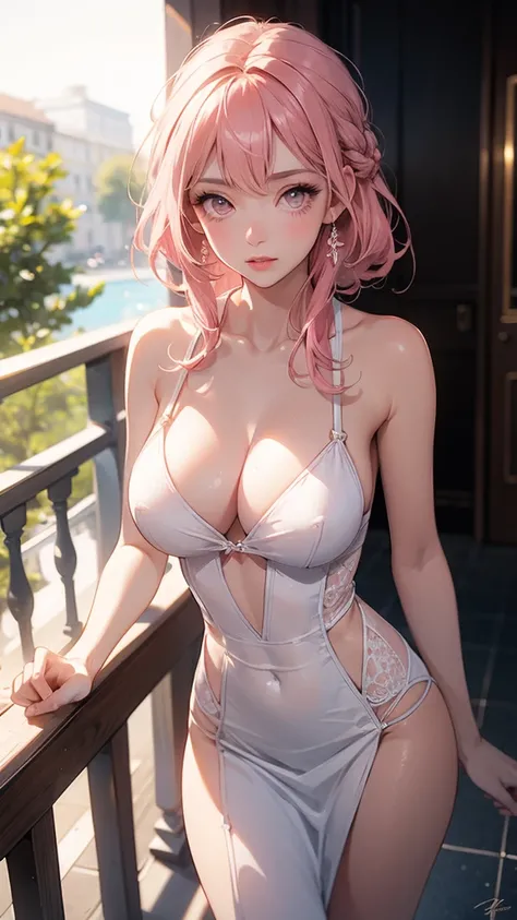 balcony，Sunlight，Beautiful woman, Extremely sexy body, Detailed large breasts, Look directly into the camera, Sexy appearance，Pink Hair