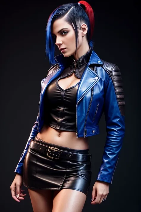 Gorgeous european steampunk woman with very short straight hair in a high ponytail, wet hair, hair slicked back, combed straight back, slick hair, red to blue gradient hair, wearing a leather jacket with nothing underneath and mini skirt, solid dark black ...