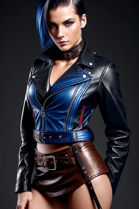 Gorgeous european steampunk woman with very short straight hair in a high ponytail, wet hair, hair slicked back, combed straight back, slick hair, red to blue gradient hair, wearing a leather jacket with nothing underneath and mini skirt, solid dark black ...