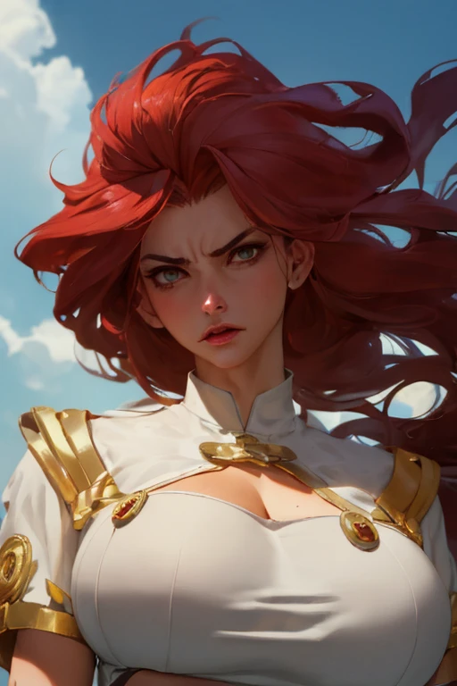 Girl with wavy red hair and rebellious, ((hair slicked back)), (angry eyes), ((dark circles around eyes)), golden eyes and tanned skin, ancient roman pirate style clothes, (gigantic breasts), background with clouds, realistic manhwa style.