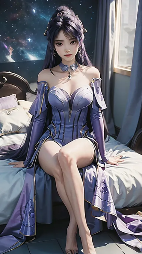 Ultra HD, 8K picture quality, A girl, Happy, Very long blue-purple hair, Blurry Purple Dress, Delicate eyes, Sitting,Sitting on the bed， （（whole body）），barefoot，whole body cross legs，Unreal Engine 5,Background cosmic galaxy，background illusory，Thigh black，...