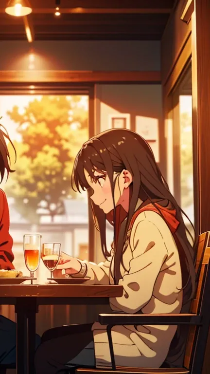 Scene 3:Setting: A Cozy Cafe.Characters: The couple sitting at a small table.Description: They are sitting opposite each other, sharing a dessert. The girl is laughing, and the boy is looking at her with a loving gaze. They both have a warm, comfortable lo...