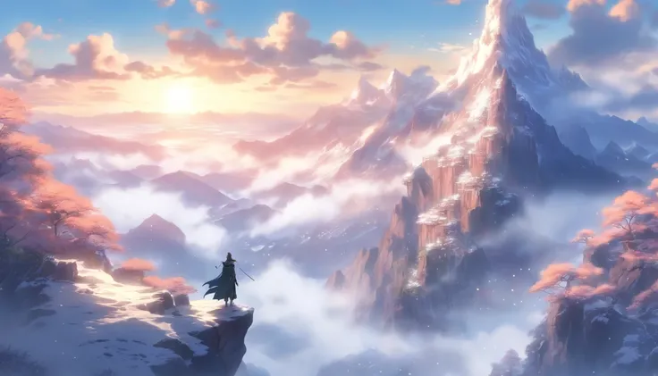 "In a breathtaking mountain landscape, a lone figure stands on a snowy ridge, gazing at the vast expanse of mountains covered in snow and mist. The person, wearing a flowing black and white cloak, has long hair that is gently blowing in the wind. The sky i...