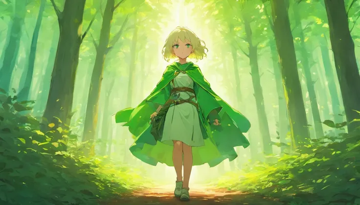 "In a vibrant, sunlit forest, a young female adventurer with short, white hair stands looking back over her shoulder. She has a determined and friendly expression on her face, with eyes filled with curiosity and confidence. She is wearing a green cloak tha...