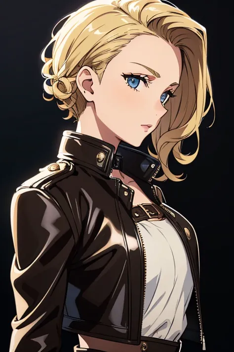 Gorgeous european steampunk woman with short curly wet hair, hair slicked back, combed straight back, slick hair, blonde hair, wearing a leather jacket with nothing underneath and mini skirt, solid dark black background