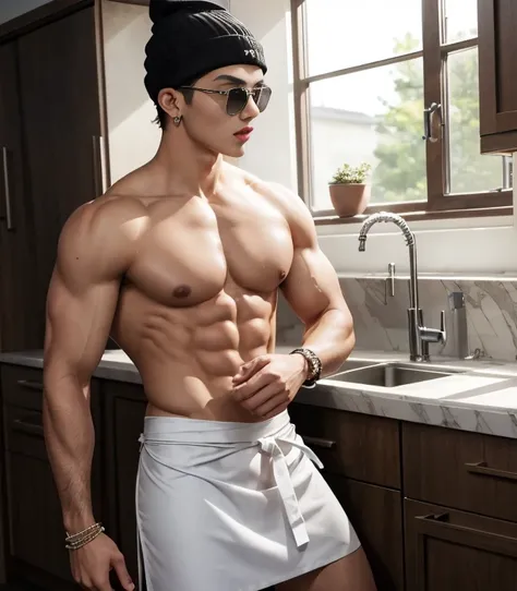 HD quality, high definition, a male chef 18 years old handsome, muscular and slim, red lips, leaning against haystackss, ((exposed vagina)), model with bracelets, earrings, with sunglasses, fully nude and naked body, eyebrowse angry, side view, wearing boo...