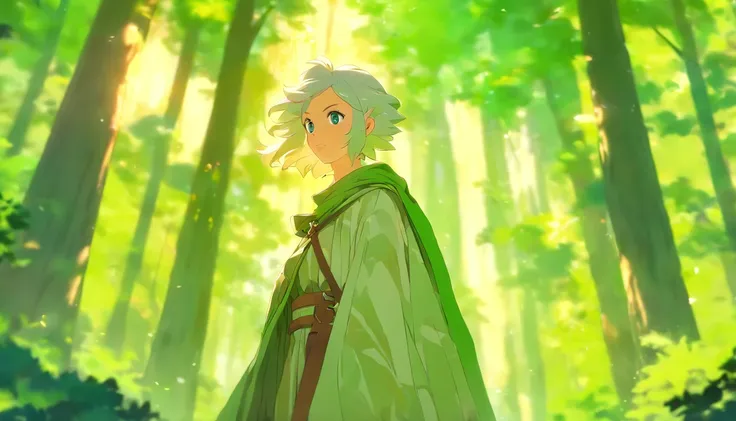 "In a vibrant, sunlit forest, a young female adventurer with short, white hair stands looking back over her shoulder. She has a determined and friendly expression on her face, with eyes filled with curiosity and confidence. She is wearing a green cloak tha...