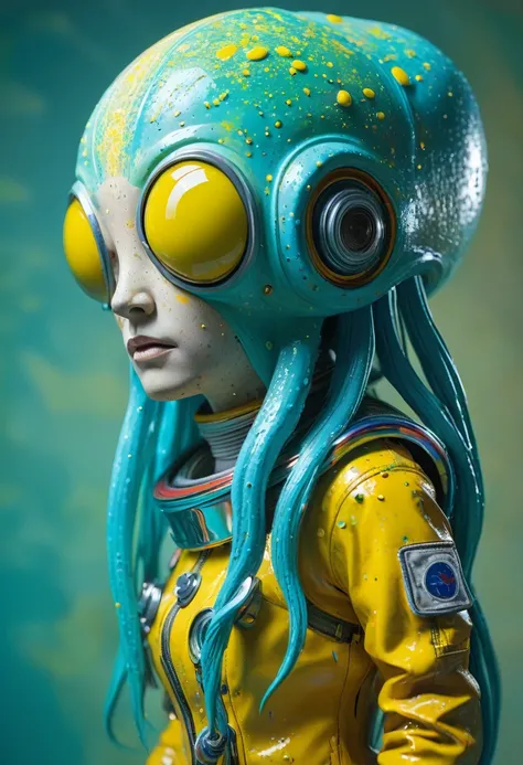 8K, ARTISTIC photogrAphy, best quAlity, mAsterpiece: 1.2), A (potrAit:1.2) Don Bluth Style  ASTRONAUT Cthulhu yellow Toon Doll, full body RAW candid cinema, cyan hair, 16mm, color graded portra 400 film, remarkable color, ultra realistic, sad admosphere, d...