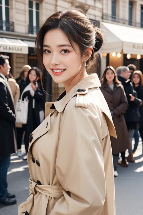 highest quality、4K、Perfect Face、Perfect Style、Sunburn、beautiful、stylish appeal、Mature、low chignon、Swept-back hair、in paris 、full body, giddy smile、hoop pierce、trench coat、french breads、well-proportion、