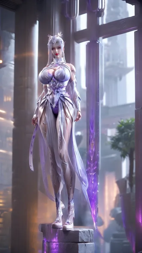 Beauty,Full body close-up,Solitary,(Beautiful white hairstyle,Mecha Phoenix Helmet), (Huge fake breasts,cleavage top,Muscle Abs:1.5), ((Wear amethyst sparkling futuristic mech mini bikini:1.5,Purple pattern high heels)),(Muscular perfect body mature woman:...