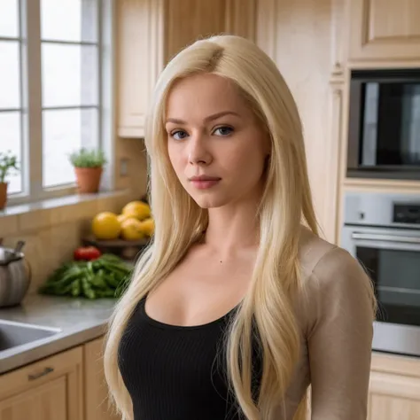 a photo of 3lsaj3an, blonde woman in a kitchen, tight clothes, best quality, detailed skin