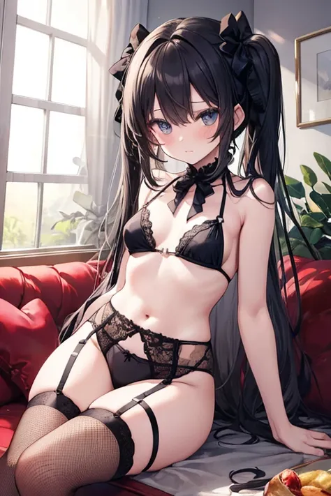 Black Hair、Black Eye、girl、Small breasts、Semi-long hair、girl、Moderately sized breasts、Lolita、Embarrassed look、Looks about 18 years old、Petan Musume、short、目のhighlight、Sexy thighs、shortブラウス、black lace bikini panties、Your eyes are so beautiful、highlight、Crouch...