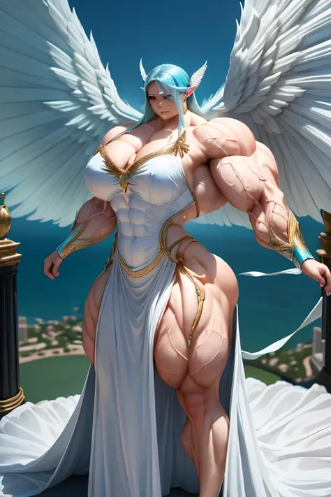 ((((Massive tall, beautiful, buff, pale skinned skinned muscular angel woman with cyan hair, huge angel wings, ginormous bulky muscles and wearing a beautiful white long angel dress)))), (close view), massive muscles, massive biceps, hyper muscle shoulders...