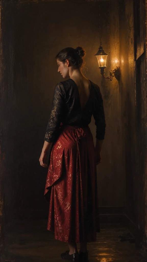 (masterpiece, r1ge), bragas, from behind, encorvado, Caderas anchas, muslos gruesos, Oil painting, [[The character is surrounded by mist, evoking a mysterious and eerie atmosphere. The lighting is dark and atmospheric, with a red smoke adding a touch of si...