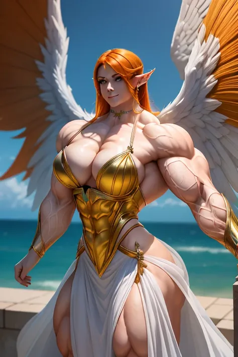 ((((Massive tall, beautiful, buff, pale skinned skinned muscular angel woman with orange hair, huge angel wings, ginormous bulky muscles, flexes her biceps and wearing a beautiful white long angel dress)))), (close view), massive muscles, massive biceps, h...