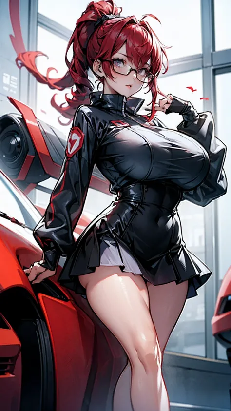 only 1 adult sexy woman, big hips in a corset and a black and white outfit, massive breast, high red curly ponytail, red glasses, with Fishnet on breasts and can be on legs too, wearing japanese techwear, intriguing outfit, anime girl , photograph of a tec...