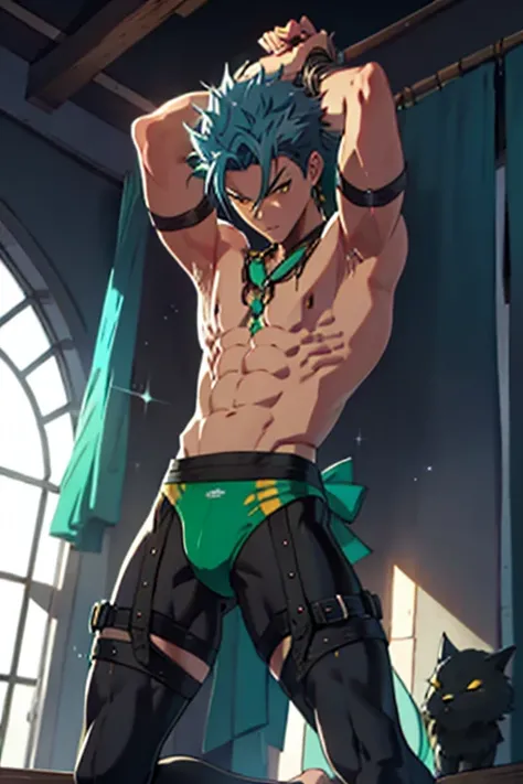 Tied up　masterpiece　male　Kneel　Raised arms　Embarrassing　Emerald Hair　Swimwear　Blue Hair　tights　back　Yellow Eyes　suffer　regrettable