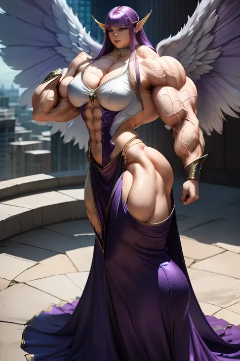 ((((Massive tall, beautiful, buff, pale skinned skinned muscular angel woman with violet purple hair, huge angel wings, ginormous bulky muscles, flexes biceps and wearing a beautiful white long angel dress)))), (close view), massive muscles, massive biceps...