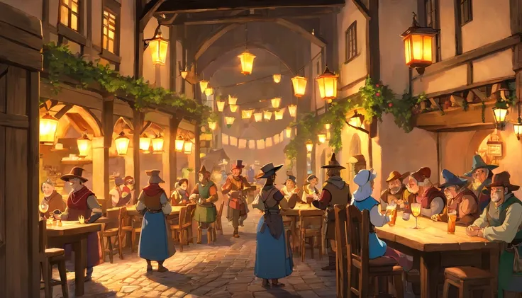 Please draw the face clearly!!!!!!!!!! "In a bustling medieval marketplace, an open-air tavern is filled with lively activity as villagers gather to enjoy food and drink. The taverns wooden structure is adorned with warm lanterns that cast a golden glow ov...