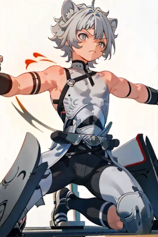 Gray Hair　Raised arms　juvenile　fight　Thin body　juvenile体形　kneel　Grey Eyes　White background　White background一色　Six-headed body　naked　animal ears　boy