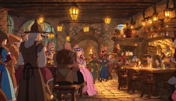 Everyone is facing away so that their faces are not visible.!!!!!!!!!! "In a bustling medieval marketplace, an open-air tavern is filled with lively activity as villagers gather to enjoy food and drink. The taverns wooden structure is adorned with warm lan...