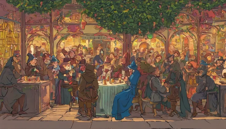 Everyone is facing away so that their faces are not visible.!!!!!!!!!! "In a bustling medieval marketplace, an open-air tavern is filled with lively activity as villagers gather to enjoy food and drink. The taverns wooden structure is adorned with warm lan...