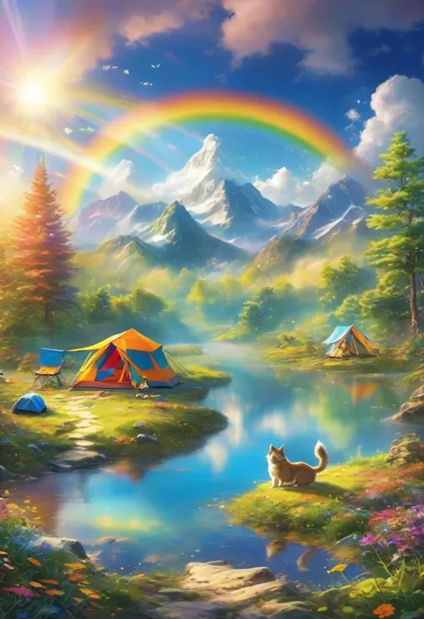 best quality, masterpiece, camping outdoors in a furry dream world, it feels like being on a carpet of colorful clouds, smile su...