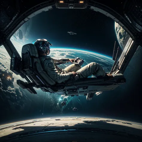 male pilot with navigation device in hand, in deep space, sitting in the spaceship chair and view in camera, back view, masterpi...