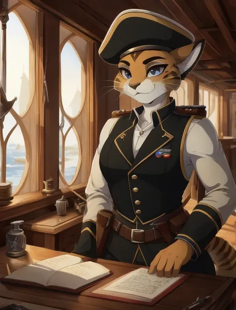 женщина anthro furry khajiit,((masterpiece)), (best quality), (detailed),magical craftsman, pilot uniform sleeveless shirt, pilo...