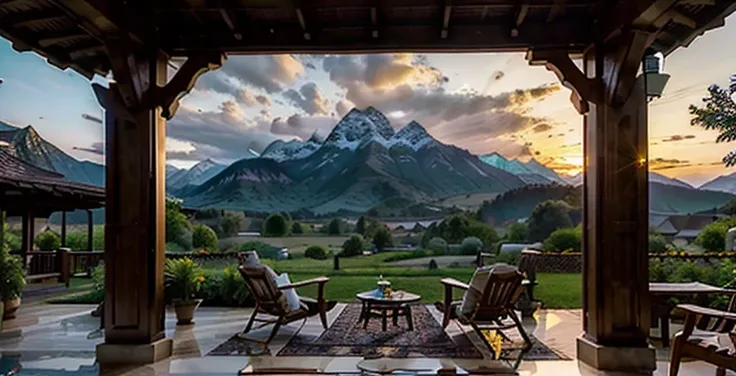 Paint me a serene tableau of rural tranquility, where the golden fingers of the setting sun gently caress the towering peaks of distant mountains. In the foreground, a quaint farmhouse with expansive, shadowy verandas stands as a sentinel of quiet solitude...