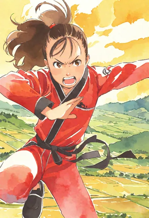 pop art,a martial artist girl,yellow and red uniform,detailed face,brown hair,black shoes,dynamic kung fu pose,anger,break,wind ...