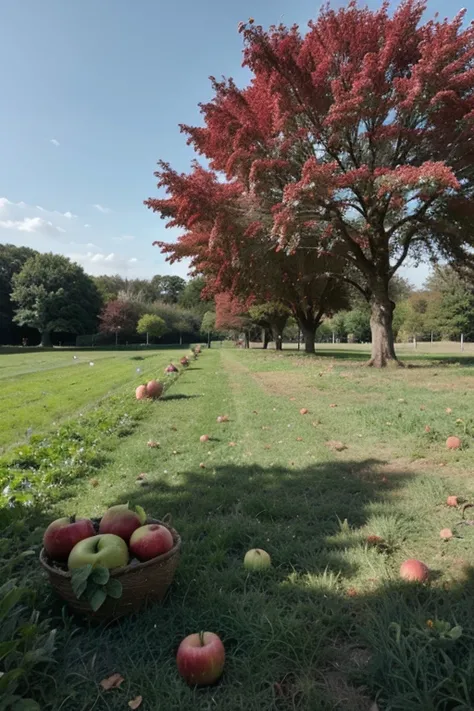 Field with an apple tree with apples on it and on the ground in the right foreground