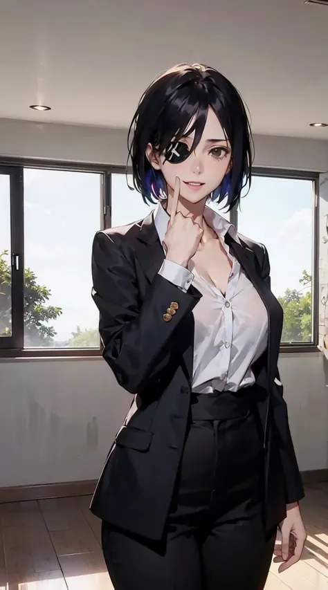 anime Screencap, happy, big breasts, in a room, vibrant colors, ,himeno (chainsaw man), eyepatch, black hair, black eyes, short hair,  black jacket, collared shirt Open, black pants, center opening, collarbone, neat hands