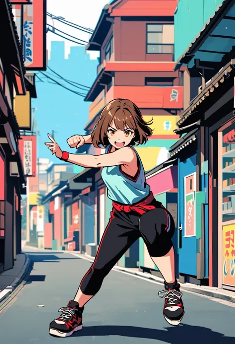 pop art,a martial artist girl,skyblue tanktop,black very short spats,Platform sneakers,detailed face,brown hair,Black Shoes,dynamic fighting Pose,smile, BREAK japanese street,Full body portrait,(depth of field:1.3),Portrait,magnificent view,